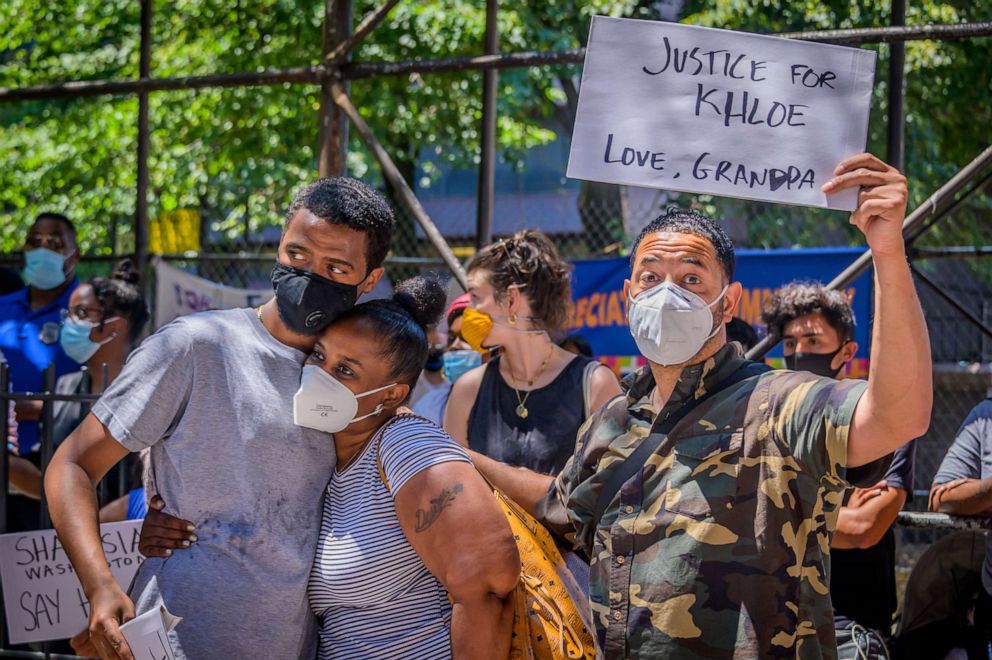 PHOTO: Sha-Asia Washington's relatives attend a rally to demand justice after her death while giving birth at Woodhull Medical Center in Brooklyn, New York, July 9, 2020.