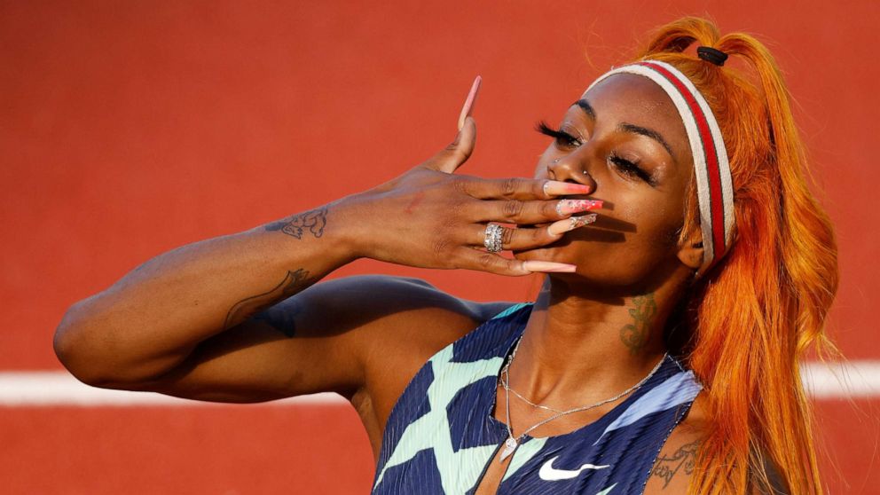 PHOTO: Sha'Carri Richardson reacts after competing in the Women's 100 Meter Semi-finals on day 2 of the 2020 U.S. Olympic Track & Field Team Trials at Hayward Field on June 19, 2021, in Eugene, Ore.