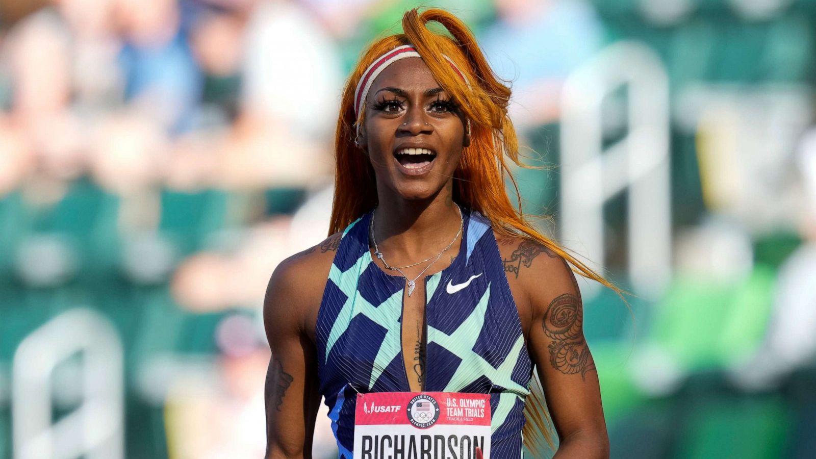 PHOTO: Sha'Carri Richardson finishes the first heat of the semis finals in women's 100-meter run at the U.S. Olympic Track and Field Trials in Eugene, Ore., June 19, 2021.