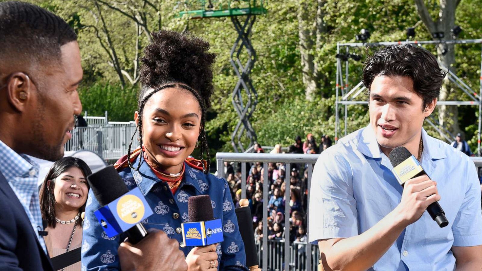 PHOTO: Yara Shahidi and Charles Melton discuss their new movie "The Sun Is Also a Star" with Michael Strahan.