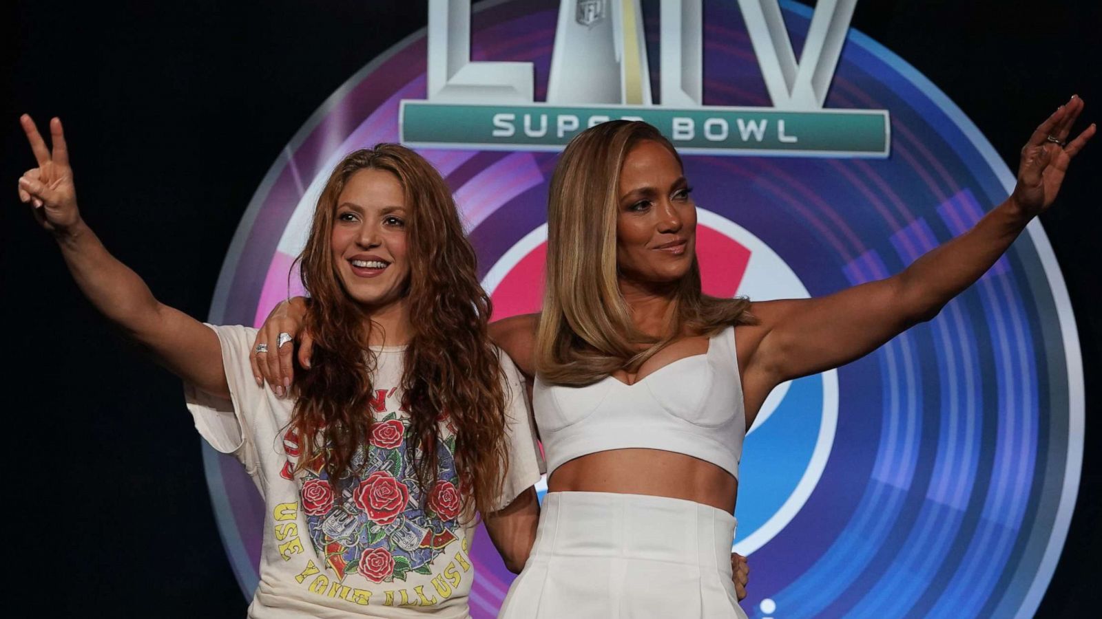 PHOTO: Pepsi Super Bowl LIV Halftime Show Performers Jennifer Lopez and Shakira hold a press conference at the Hilton Miami Downtown, Miami, Jan. 30, 2020.