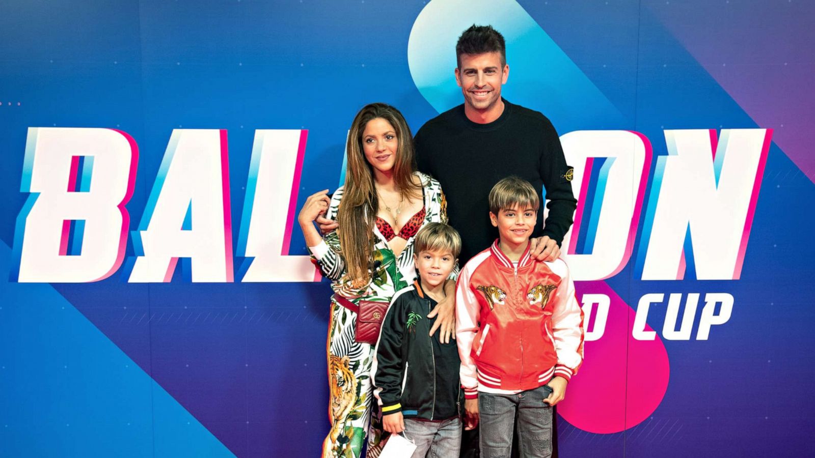 PHOTO: Shakira, left, and Gerard Pique and their sons pose at the balloons world cup on Oct. 14, 2021 in Tarragona, Spain.