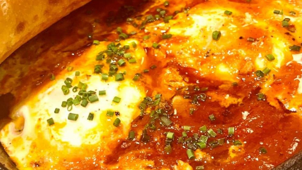A skillet of shakshuka made at Dagon in New York City.