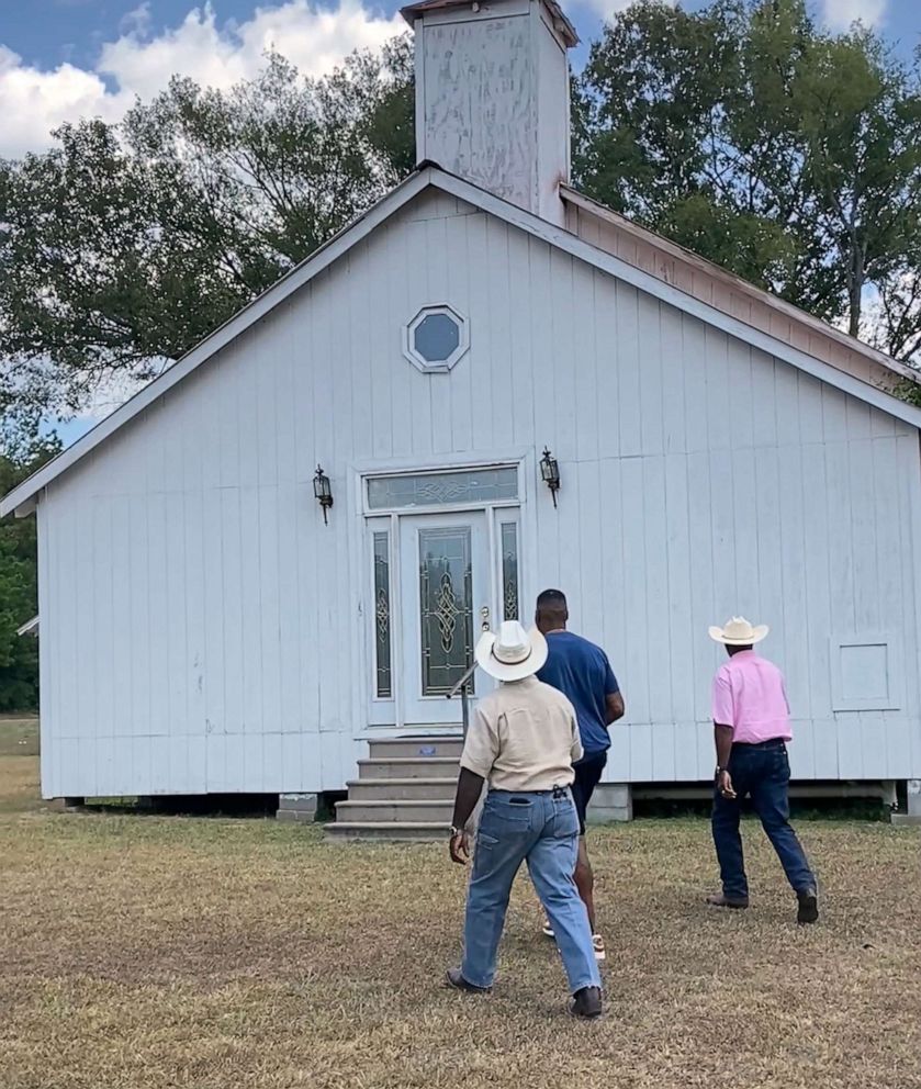 PHOTO: Philip and Billy White show Michael Strahan the CME Methodist Church in Shankleville, Texas, Aug. 3, 2023.