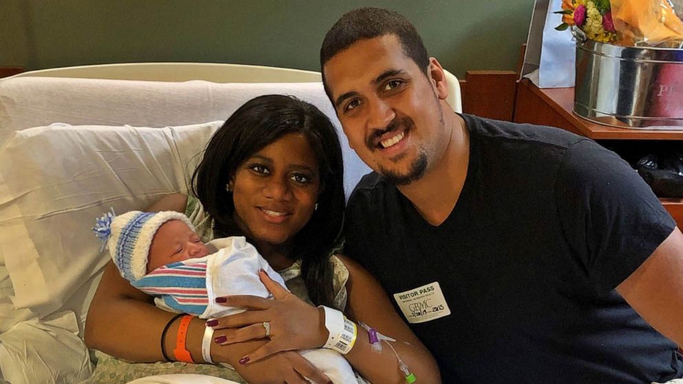 PHOTO: Shannel Pearman poses with her husband after the birth of their first child in 2019.