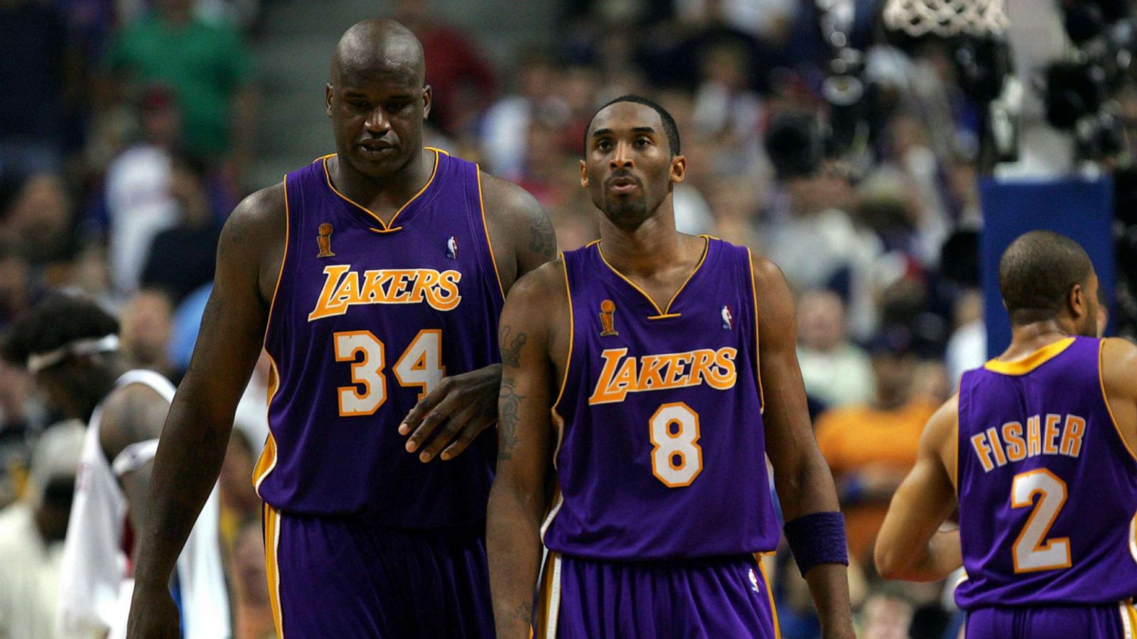 PHOTO: Shaquille O'Neal and Kobe Bryant of the Los Angeles Lakers play against the Detroit Pistons in Game four of the 2004 NBA Finals on June 13, 2004 at The Palace of Auburn Hills in Auburn Hills, Mich.