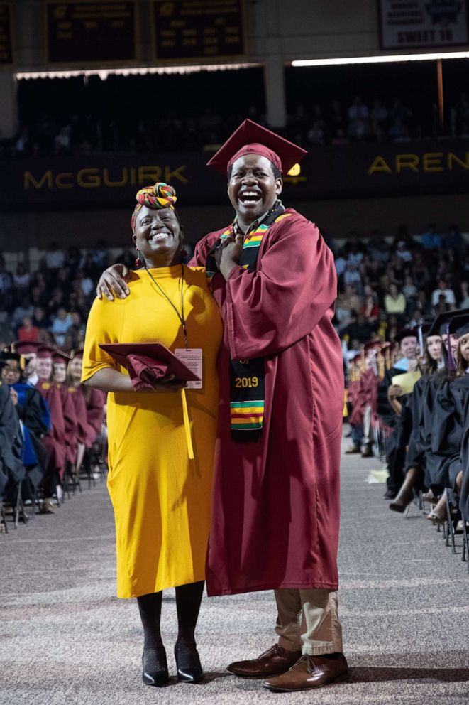 PHOTO: Sharonda Wilson poses with her son, Stephan Wilson, at Central Michigan University's 2019 commencement ceremony.