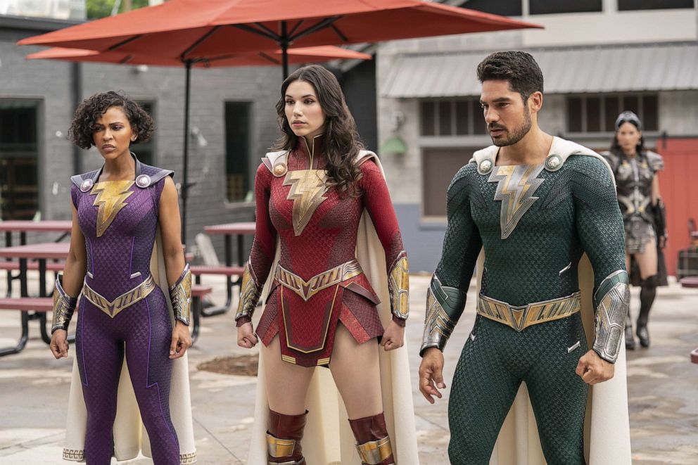 PHOTO: Meagan Good as Super Hero Darla, Grace Caroline Currey as Super Hero Mary and D.J. Cotrona as Super Hero Pedro in "Shazam! Fury of The Gods,".