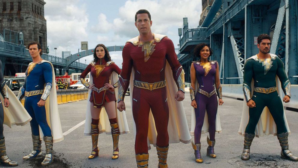 PHOTO: Ross Butler as Super Hero Eugene, Adam Brody as Super Hero Freddy, Grace Caroline Currey as Super Hero Mary, Zachary Levi as Shazam, Meagan Good as Super Hero Darla and D.J. Cotrona as Super Hero Pedro in "Shazam! Fury of The Gods,".