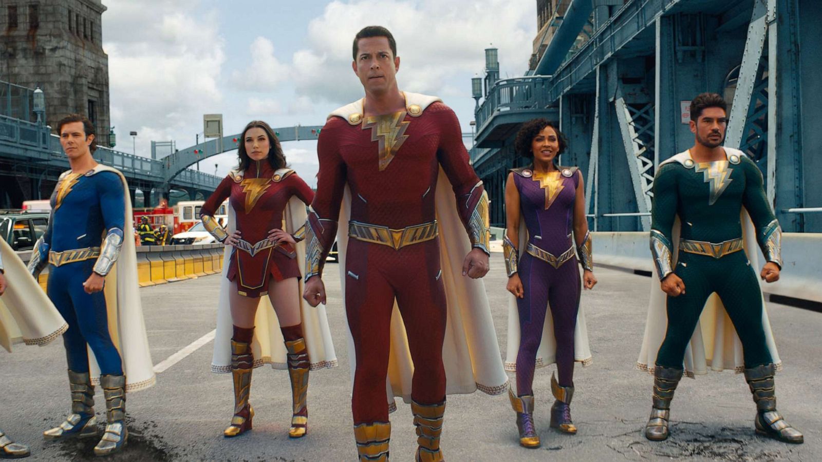 PHOTO: Ross Butler as Super Hero Eugene, Adam Brody as Super Hero Freddy, Grace Caroline Currey as Super Hero Mary, Zachary Levi as Shazam, Meagan Good as Super Hero Darla and D.J. Cotrona as Super Hero Pedro in "Shazam! Fury of The Gods,".