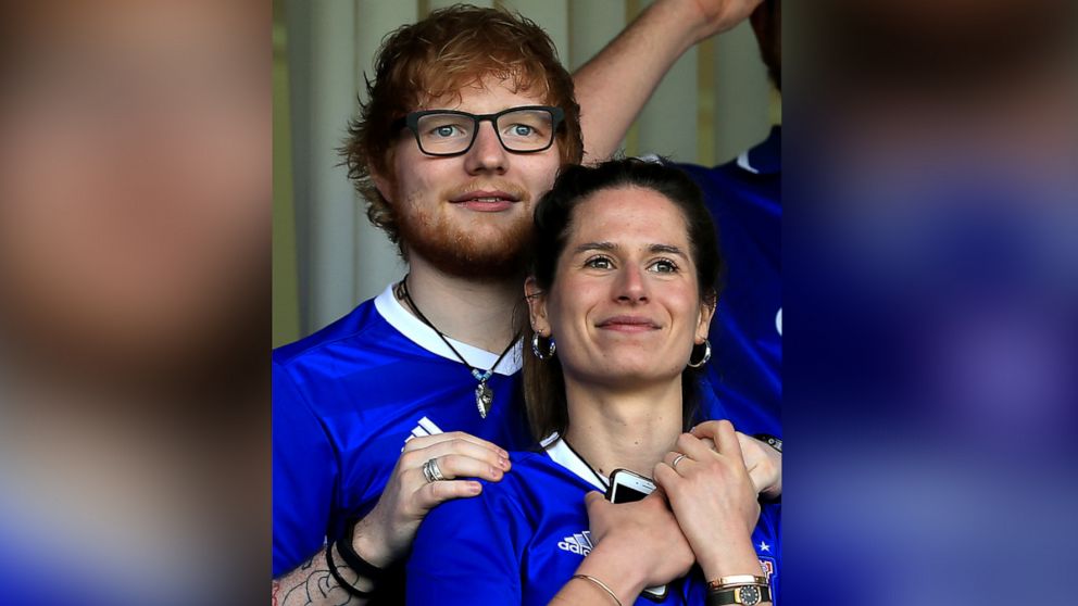 PHOTO: Musician Ed Sheeran and fiance Cherry Seaborn look on during the Sky Bet Championship match between Ipswich Town and Aston Villa at Portman Road on April 21, 2018, in Ipswich, England.
