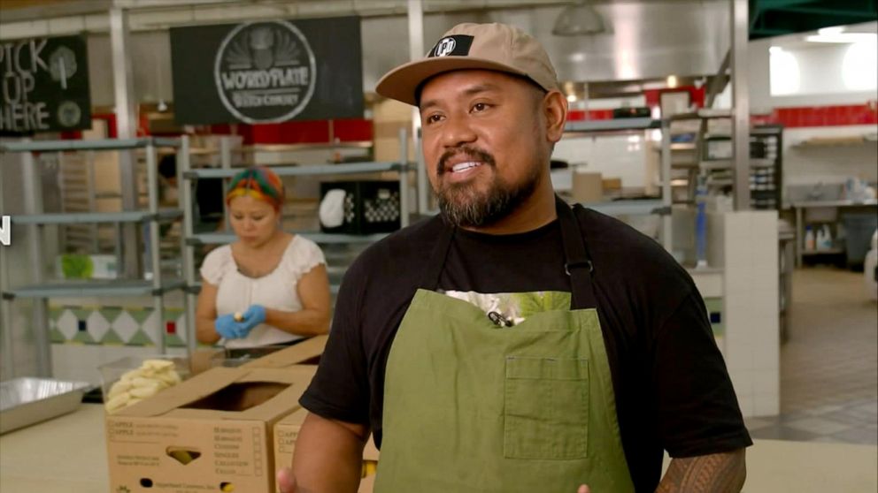 PHOTO: Maui-based chef Sheldon Simeon talks to "GMA" from the University of Hawaii Maui College culinary center as volunteers prepare thousands of meals for fire relief efforts.