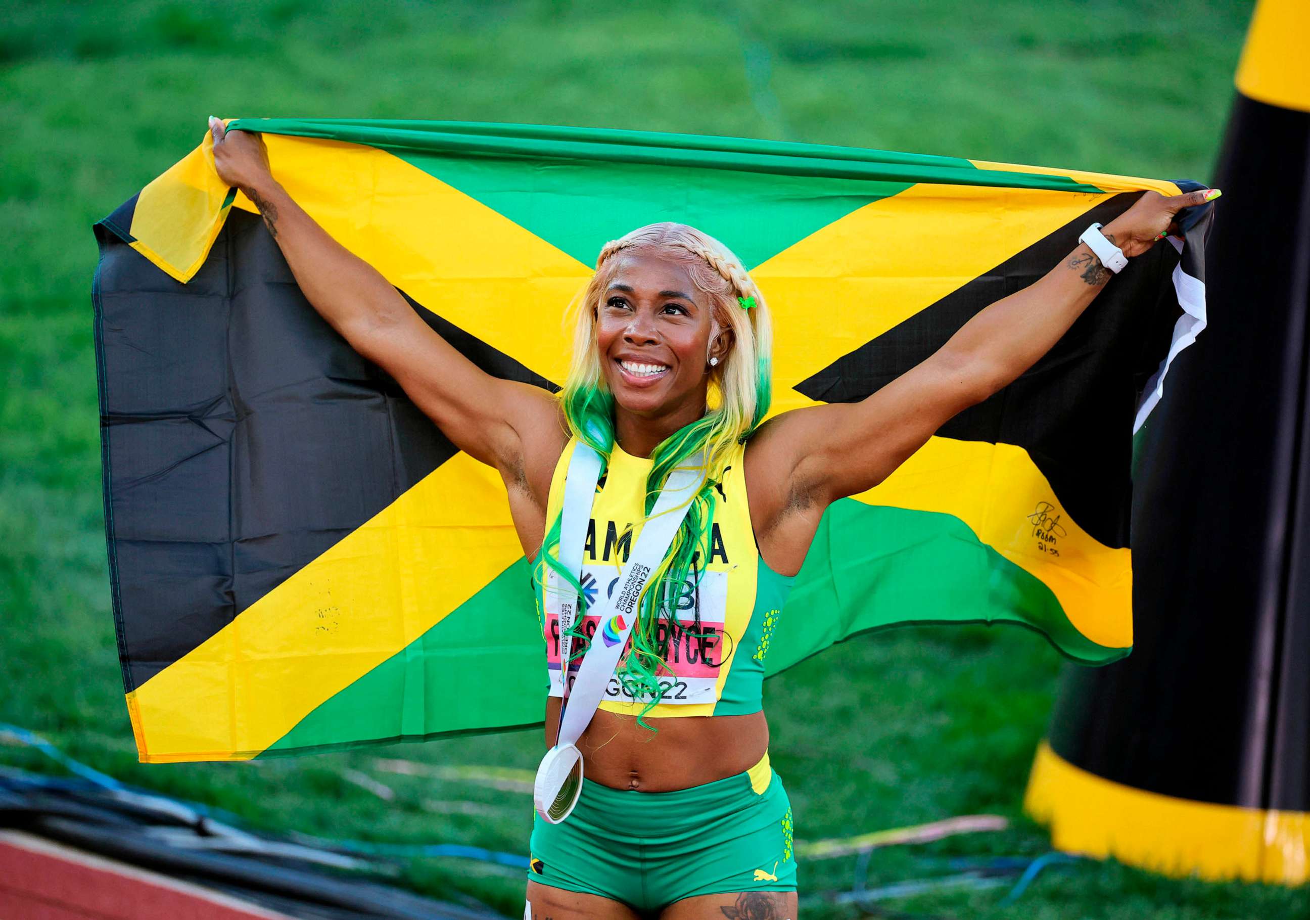 PHOTO: In this July 17, 2022, file photo, Shelly-Ann Fraser-Pryce of Jamaica reacts after winning the gold medal in the women's 100-meter final at the World Athletics Championships Oregon 22 in Eugene, Oregon.