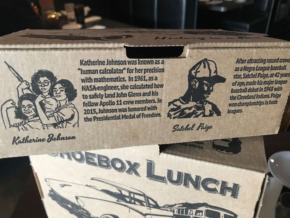 PHOTO: Beans & Cornbread restaurant in Detroit serves "shoebox lunches" with black history facts about figures such as NASA research mathematician Katherine Johnson and trailblazing pitcher Satchel Paige.