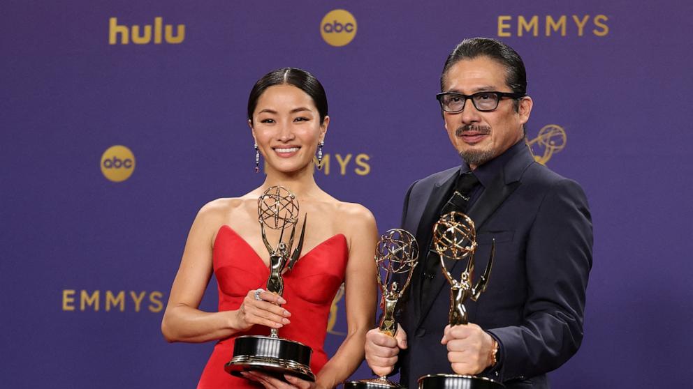 PHOTO: Anna Sawai, winner the Outstanding Lead Actress in a Drama Series award and Hiroyuki Sanada, Outstanding Lead Actor in a Drama Series for "Shogun", at the 76th Primetime Emmy Awards in Los Angeles, Sept. 15, 2024. 