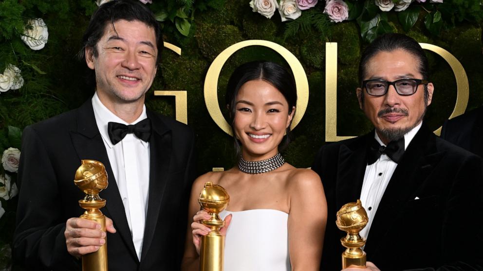 PHOTO: Tadanobu Asano, Anna Sawai, and Hiroyuki Sanada pose with their awards during Moet & Chandon At The 82nd Annual Golden Globe Awards at The Beverly Hilton in Beverly Hills, Calif., Jan. 05, 2025.