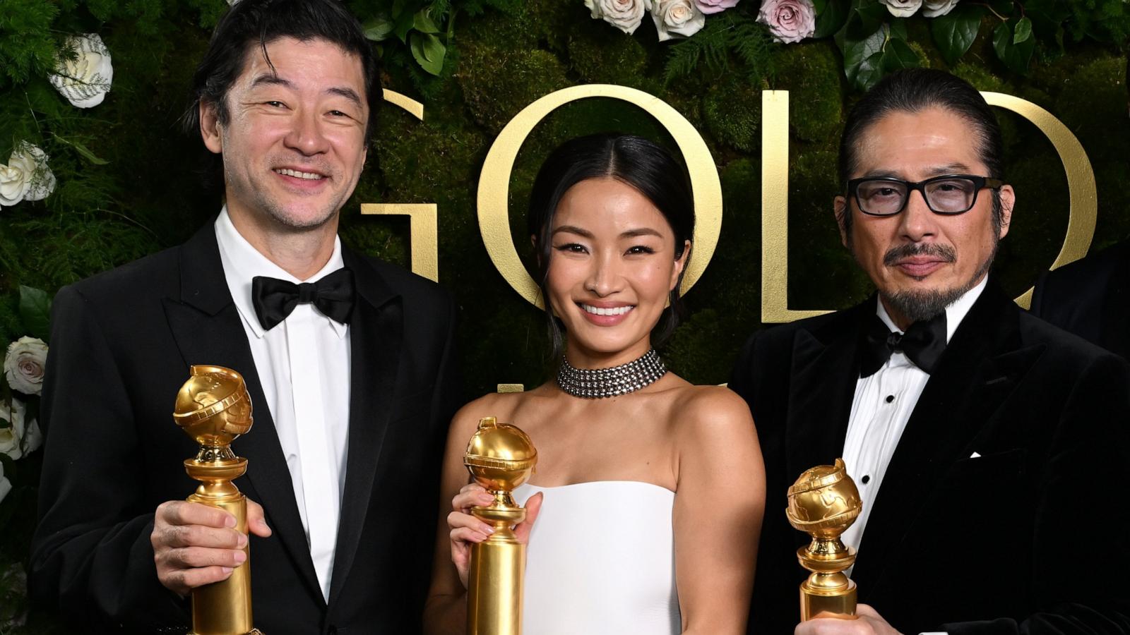 PHOTO: Tadanobu Asano, Anna Sawai, and Hiroyuki Sanada pose with their awards during Moet & Chandon At The 82nd Annual Golden Globe Awards at The Beverly Hilton in Beverly Hills, Calif., Jan. 05, 2025.