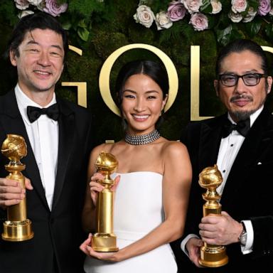 PHOTO: Tadanobu Asano, Anna Sawai, and Hiroyuki Sanada pose with their awards during Moet & Chandon At The 82nd Annual Golden Globe Awards at The Beverly Hilton in Beverly Hills, Calif., Jan. 05, 2025.