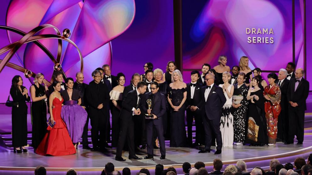 PHOTO: Cast and crew of Shogun accept the Outstanding Drama Series award onstage at the 76th Primetime Emmy Awards, Sept. 15, 2024, in Los Angeles.