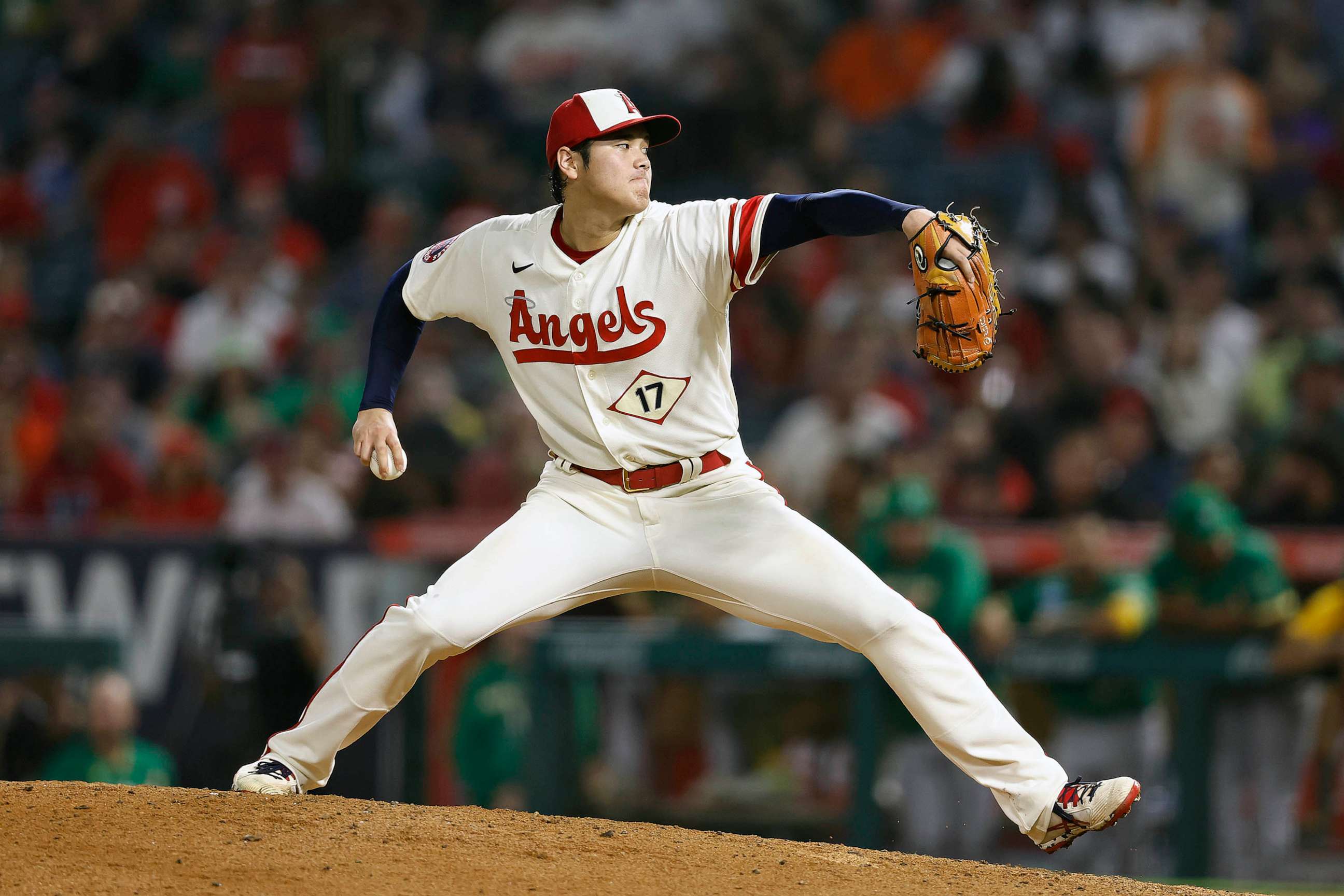 PHOTO: FILE - Shohei Ohtani #17 of the Los Angeles Angels pitches against the Oakland Athletics during the eighth inning at Angel Stadium of Anaheim, Sept. 29, 2022 in Anaheim, Calif.