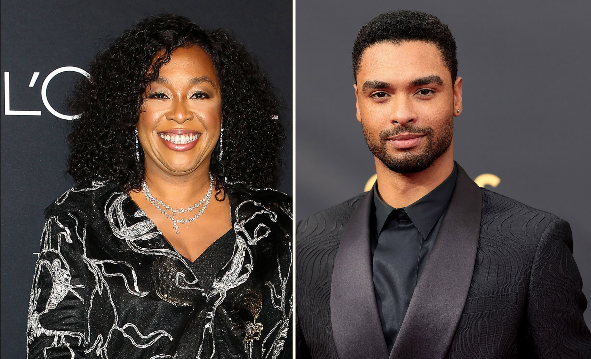 PHOTO: Shonda Rhimes attends the Elle Women event in Los Angeles, Oct. 15, 2018; Rege-Jean Page appears on stage at the 73rd Emmy Awards,  Sept. 19, 2021 in Los Angeles.