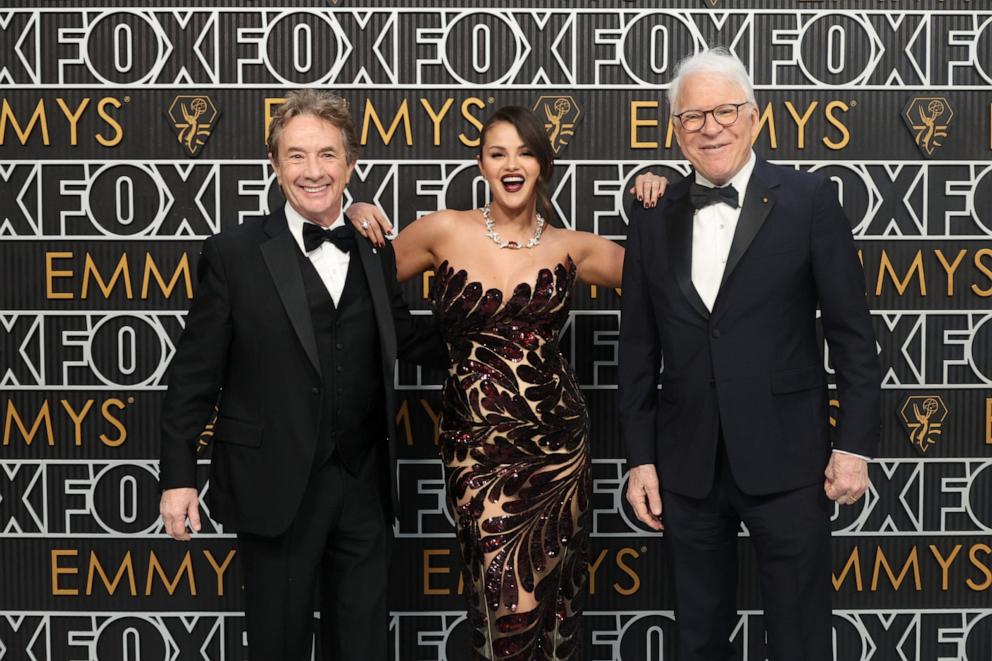 PHOTO: Selena Gomez, Steve Martin and Martin Short attend the 75th Primetime Emmy Awards in Los Angeles, Jan. 15, 2024. 