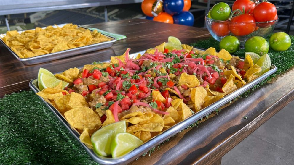 PHOTO: A sheet tray of nachos for football game day.