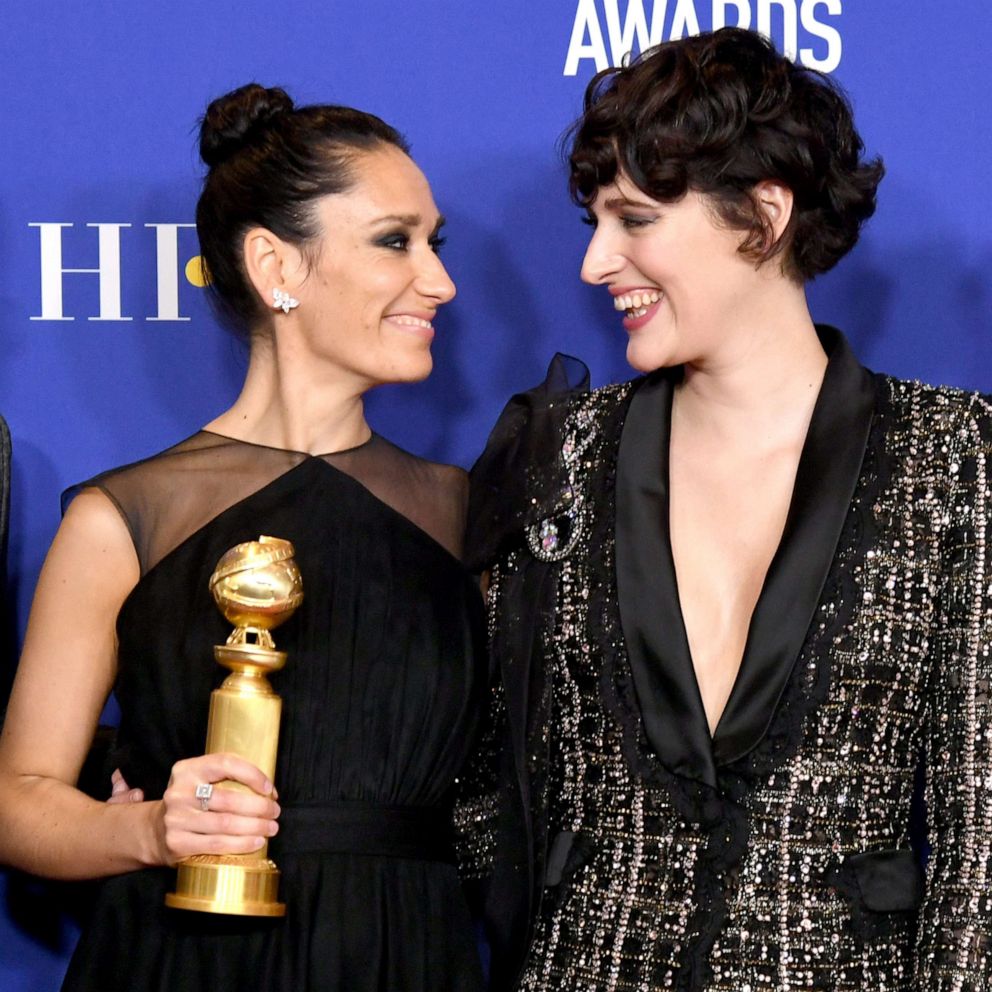 PHOTO: Sian Clifford and Phoebe Waller-Bridge pose in the press room during the 77th Annual Golden Globe Awards at The Beverly Hilton Hotel on Jan. 05, 2020, in Beverly Hills, Calif.