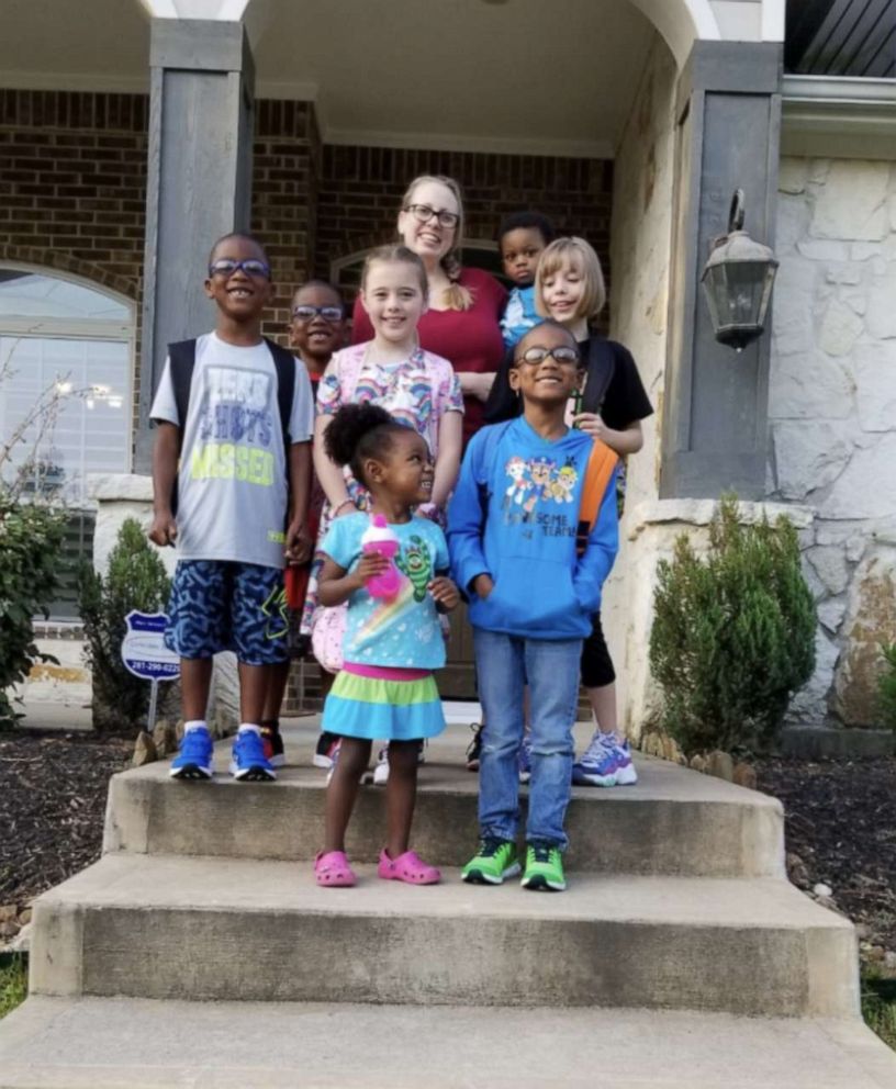 PHOTO: Andi and Thomas Bonura of Texas, adopted Thomas, 8, Carter, 8, David, 6, Gabrielle, 4 and Bryson, 2, over a Zoom call on May 6, 2020. The children join the Bonura's biological children Joey, 11, Sadie, 10 and Daphne, 8.