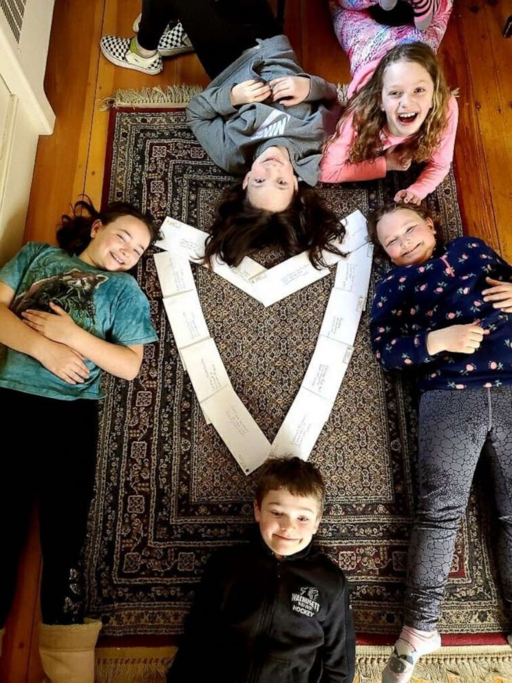 PHOTO: While schools are closed during the coronavirus crisis, Madilyn, 10, Olivia, 9, Cameron, 7 and Jack France, 4, have been busy at work drawing pictures and writing well wishes to people in nursing homes around Massachusetts.