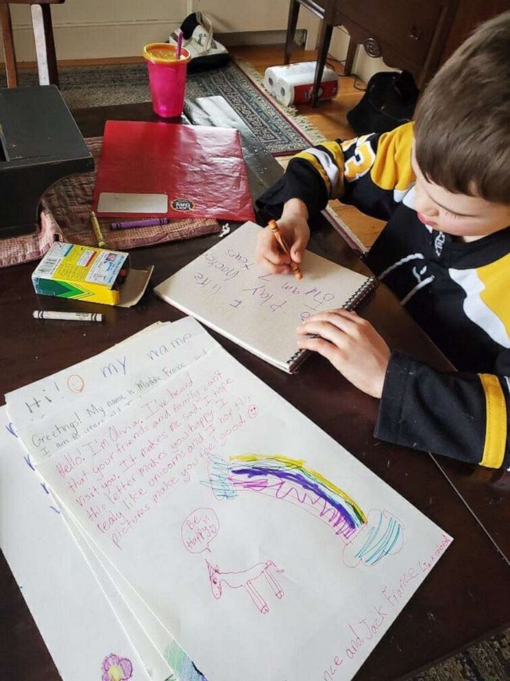 PHOTO: While schools are closed during the coronavirus crisis, Madilyn, 10, Olivia, 9, Cameron, 7 and Jack France, 4, have been busy at work drawing pictures and writing well wishes to people in nursing homes around Massachusetts.