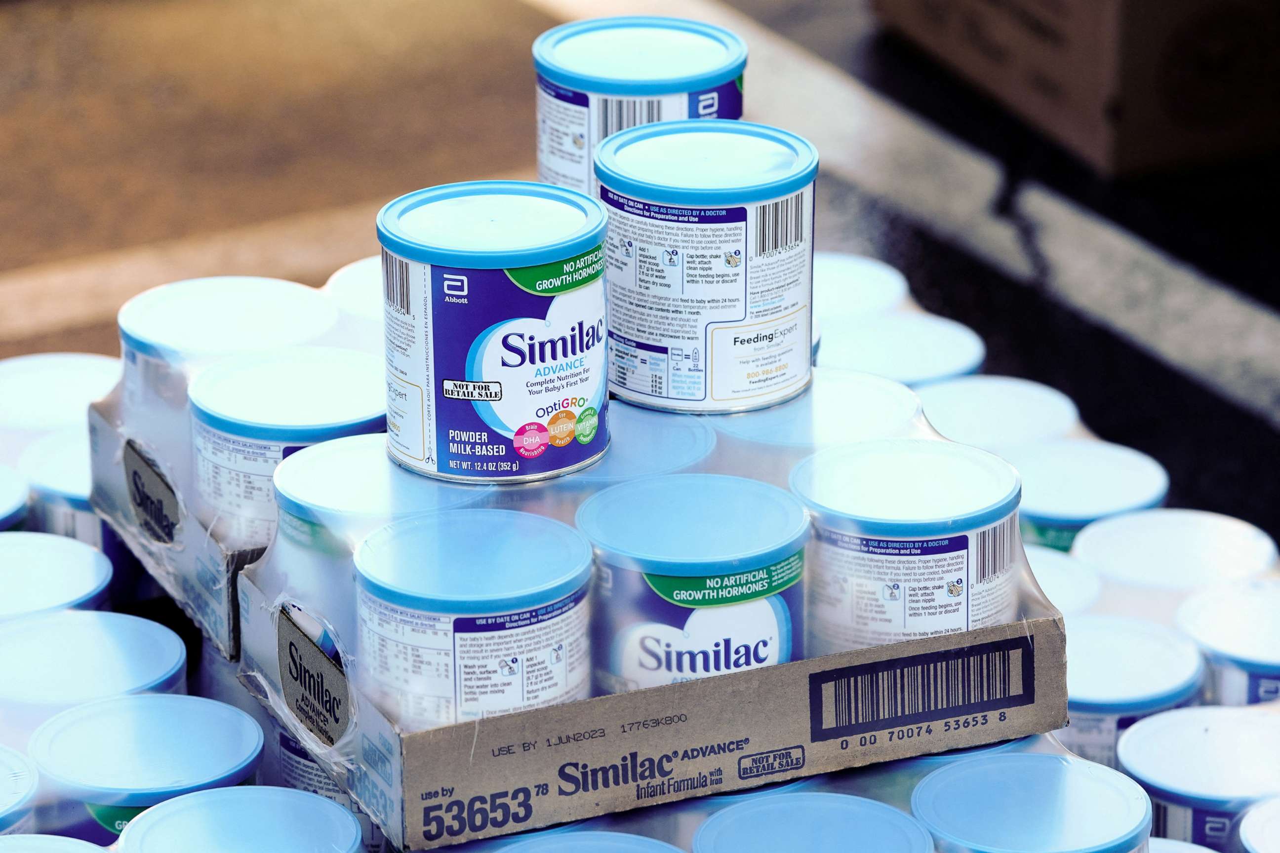 PHOTO: In this Dec. 29, 2020, file photo, a pallet of Similac infant formula is seen at a food bank in West Covina, Calif.