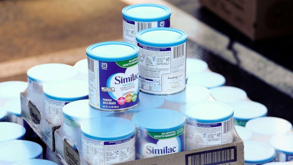 PHOTO: In this Dec. 29, 2020, file photo, a pallet of Similac infant formula is seen at a food bank in West Covina, Calif.