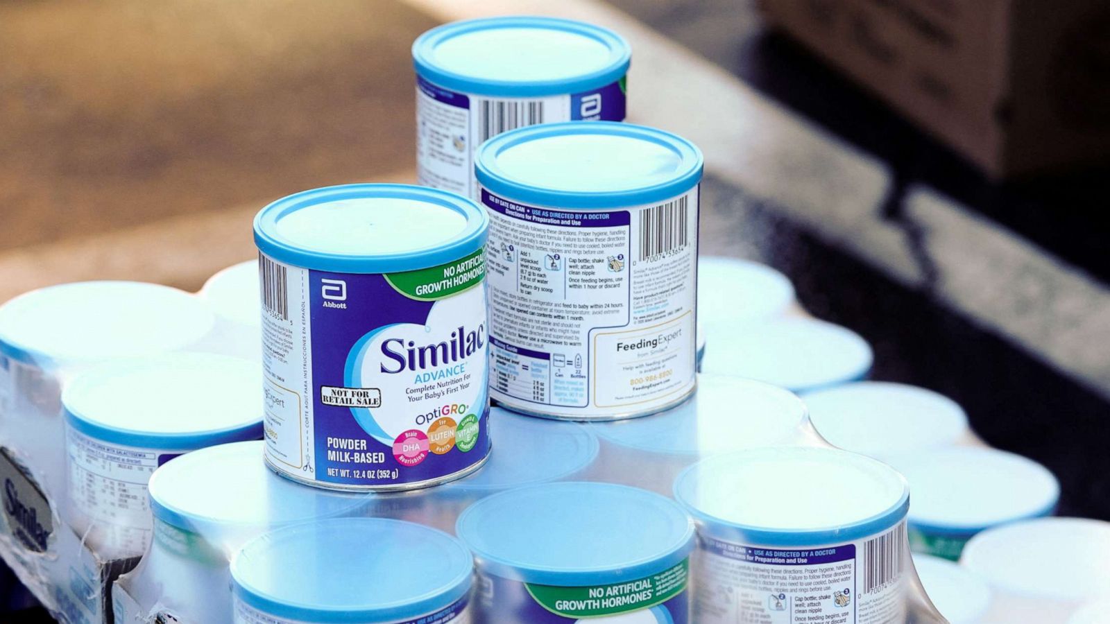 PHOTO: In this Dec. 29, 2020, file photo, a pallet of Similac infant formula is seen at a food bank in West Covina, Calif.