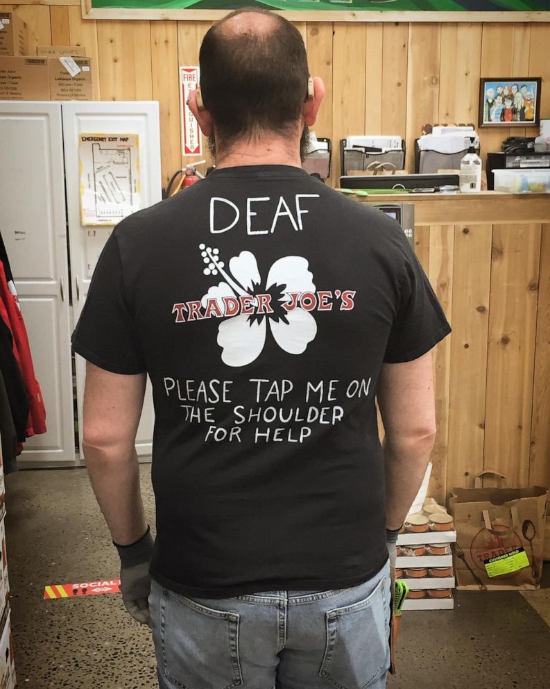 PHOTO: Matthew Simmons co-worker made a shirt identifying him as hearing impaired after Simmons revealed he was struggling to communicate with customers at work.