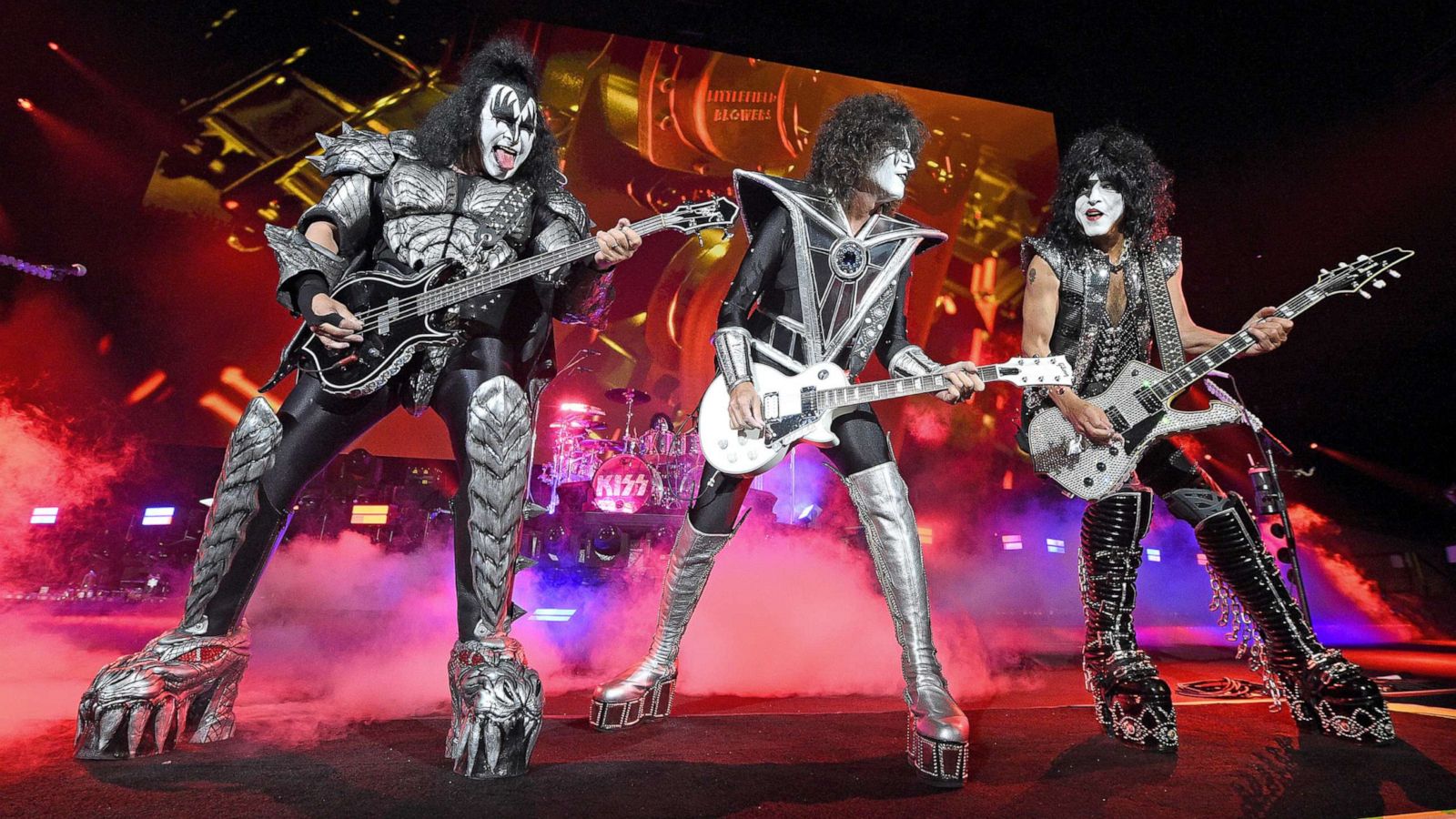 PHOTO: From left, Gene Simmons, Tommy Thayer, and Paul Stanley of KISS perform at Battery Park on June 11, 2021, in New York City.