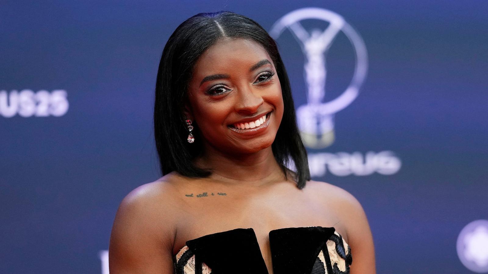 PHOTO: Simone Biles, of the United States, poses during the 2025 Laureus World Sports Awards in Madrid, Spain, April 21, 2025.
