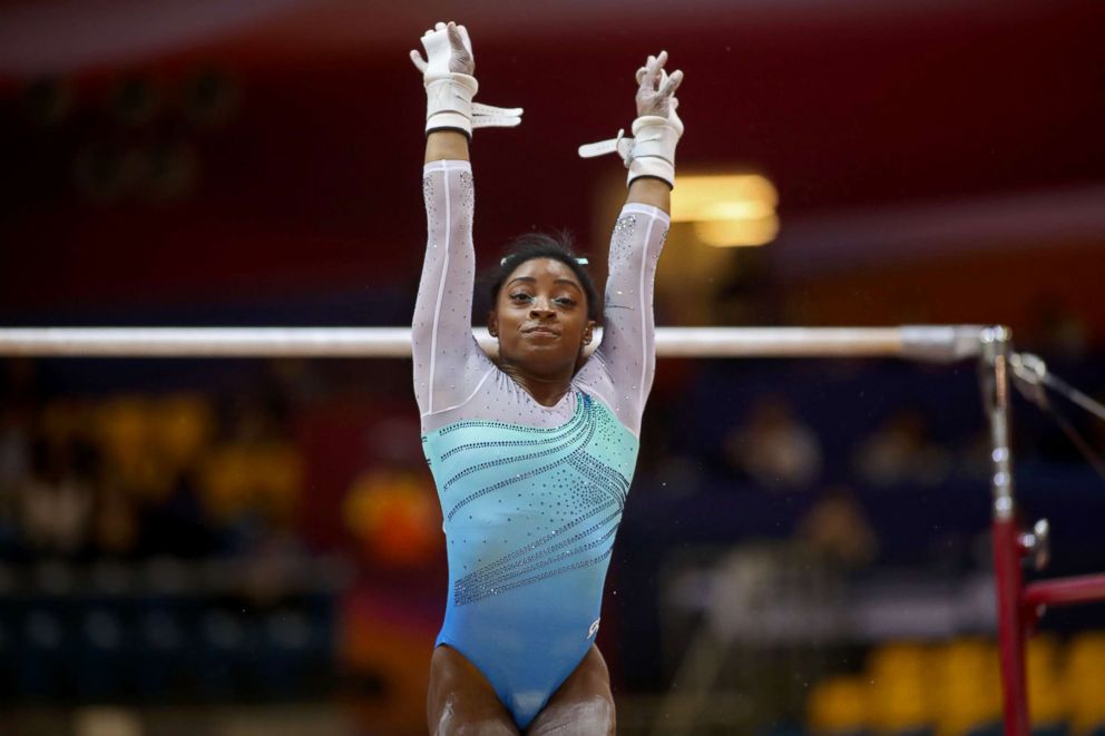 PHOTO: Simone Biles competes in the women's all-around final of the 2018 FIG Artistic Gymnastics Championships at the Aspire Dome, Nov. 1, 2018, in Doha, Qatar.