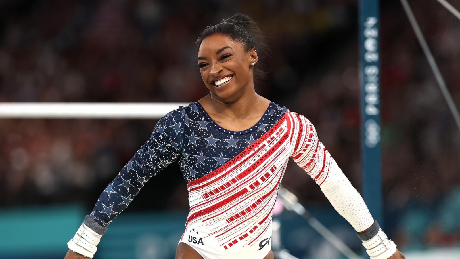 PHOTO: Simone Biles of Team United States reacts after finishing her routine on the uneven bars during the Artistic Gymnastics Women's Team Final on day four of the Olympic Games Paris 2024 at Bercy Arena, July 30, 2024, in Paris.