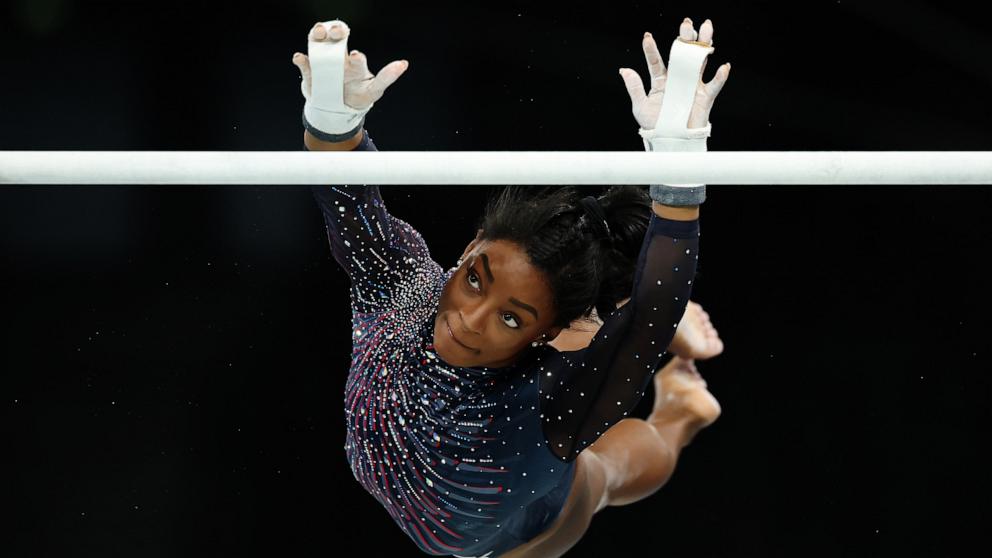 PHOTO: Simone Biles of Team United States practices on the uneven bars during a Gymnastics training session in the Bercy Arena ahead of the Paris 2024 Olympic Games, July 25, 2024, in Paris.