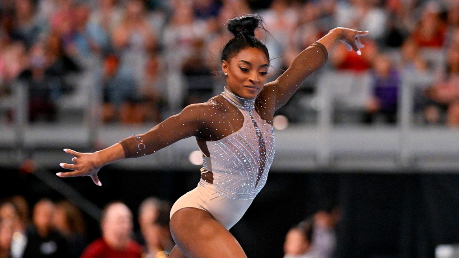 PHOTO: Simone Biles performs on floor exercise during day two of the women’s 2024 Xfinity U.S. Gymnastics Championships at Dickies Arena, June 2, 2024, in Fort Worth, Texas.