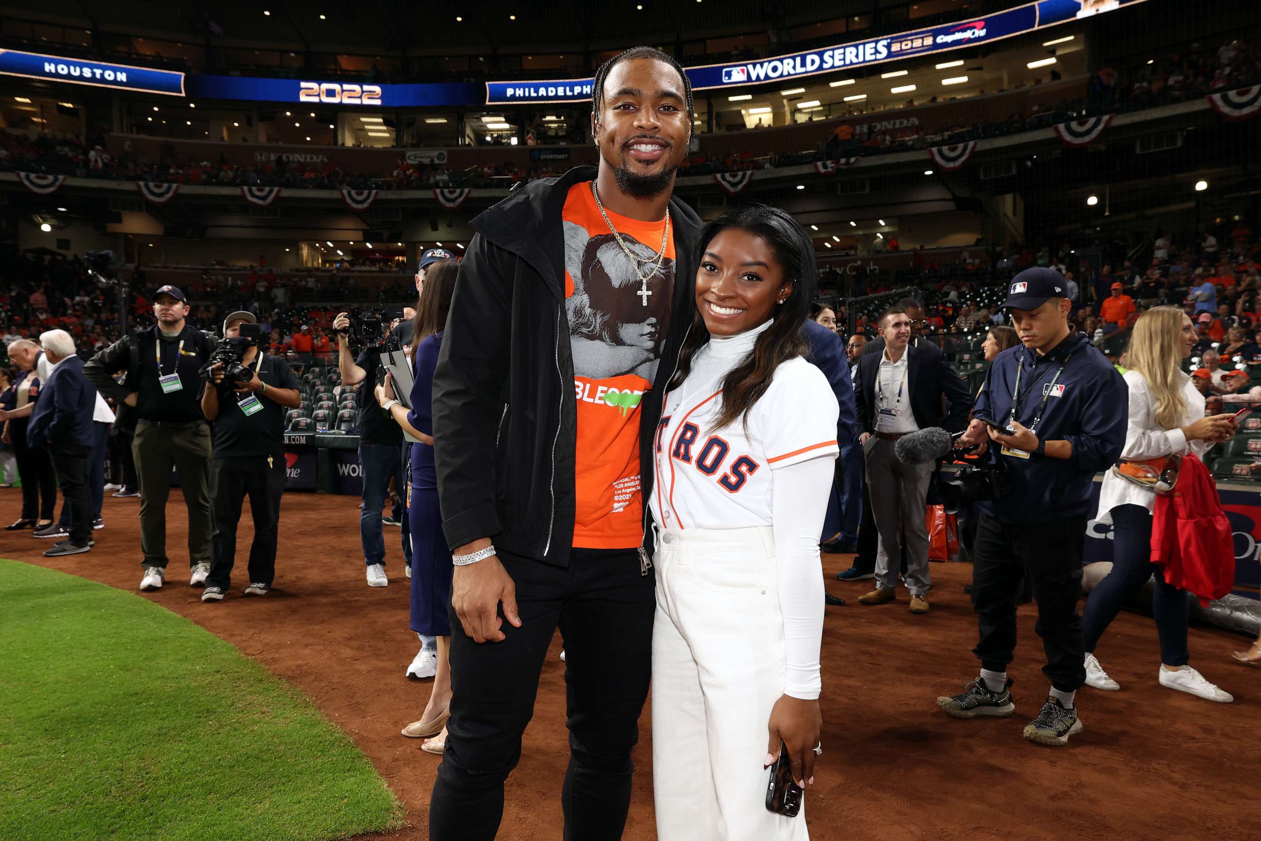 PHOTO: Simone Biles and Houston Texans safety Jonathan Owens attend the 2022 World Series, Oct. 28, 2022, in Houston.
