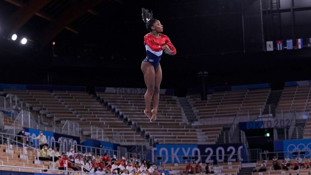PHOTO: Simone Biles, of the U.S. performs on the vault during the artistic gymnastics women's final at the 2020 Summer Olympics, July 27, 2021, in Tokyo.