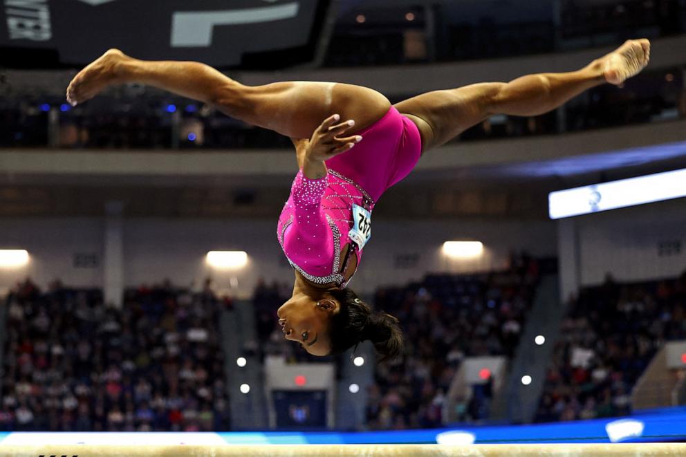 PHOTO: US gymnast Simone Biles competes in the balance beam event during the Core Hydration Classic at XL Center in Hartford, Conn., on May 18, 2024. 