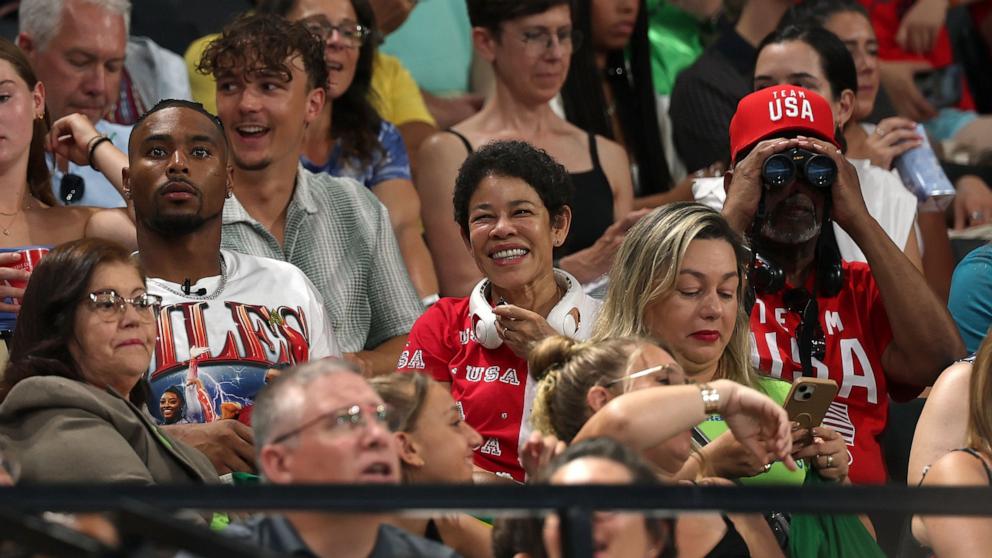 PHOTO: Family members of Simone Biles of Team United States look on prior to the Artistic Gymnastics Women's Team Final on day four of the Olympic Games Paris 2024 at Bercy Arena, on July 30, 2024, in Paris.