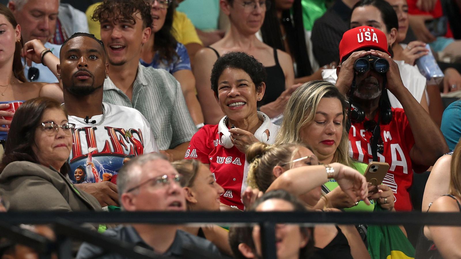 PHOTO: Family members of Simone Biles of Team United States look on prior to the Artistic Gymnastics Women's Team Final on day four of the Olympic Games Paris 2024 at Bercy Arena, on July 30, 2024, in Paris.