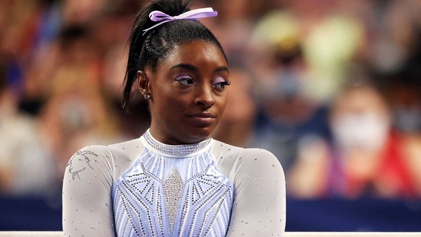 PHOTO: Simone Biles prepares to compete on the beam prior to the Senior Women's competition of the 2021 U.S. Gymnastics Championships at Dickies Arena, June 4, 2021, in Fort Worth, Texas.