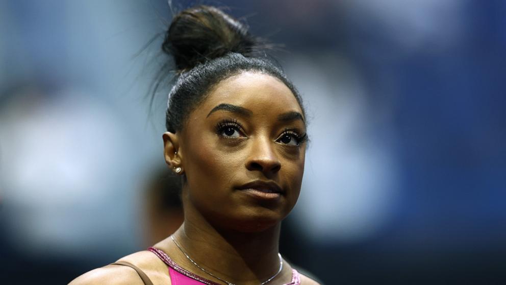 PHOTO: Simone Biles looks on prior to the 2024 Core Hydration Classic at XL Center on May 18, 2024 in Hartford, Connecticut.