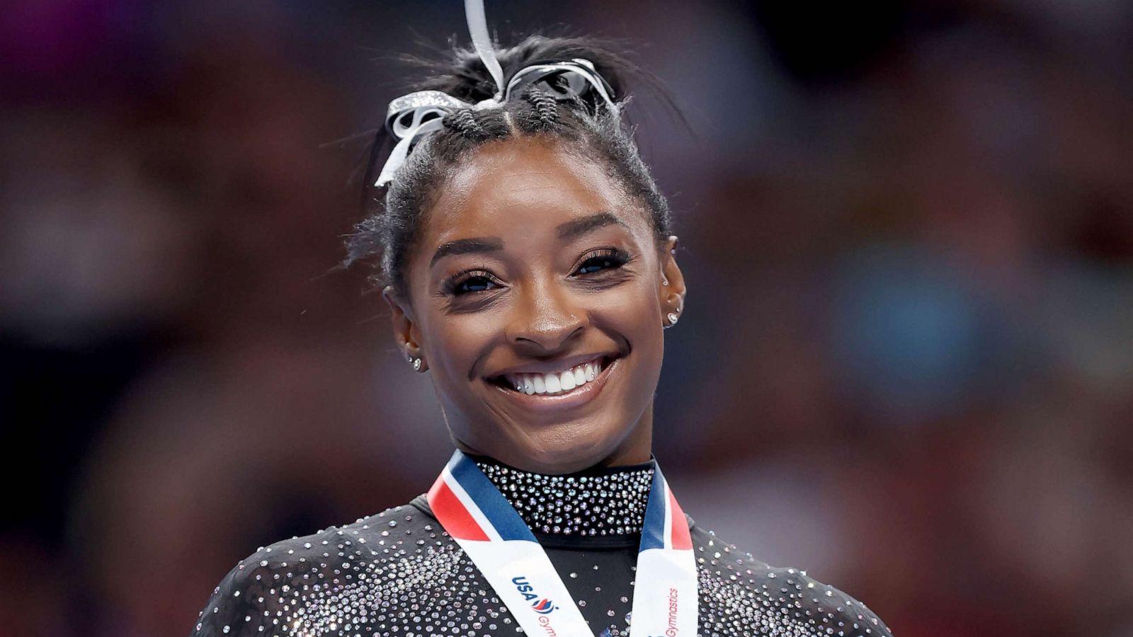 PHOTO: Simone Biles celebrates after placing first in the floor exercise competition on day four of the 2023 U.S. Gymnastics Championships at SAP Center, Aug. 27, 2023 in San Jose, Calif.