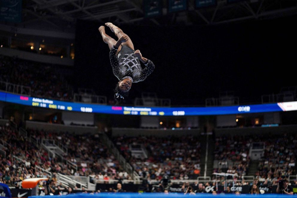 PHOTO: Gymnast Simone Biles competes in the floor exercise on the final day of women's competition at the 2023 US Gymnastics Championships at the SAP Center, Aug. 27, 2023 in San Jose, Calif.